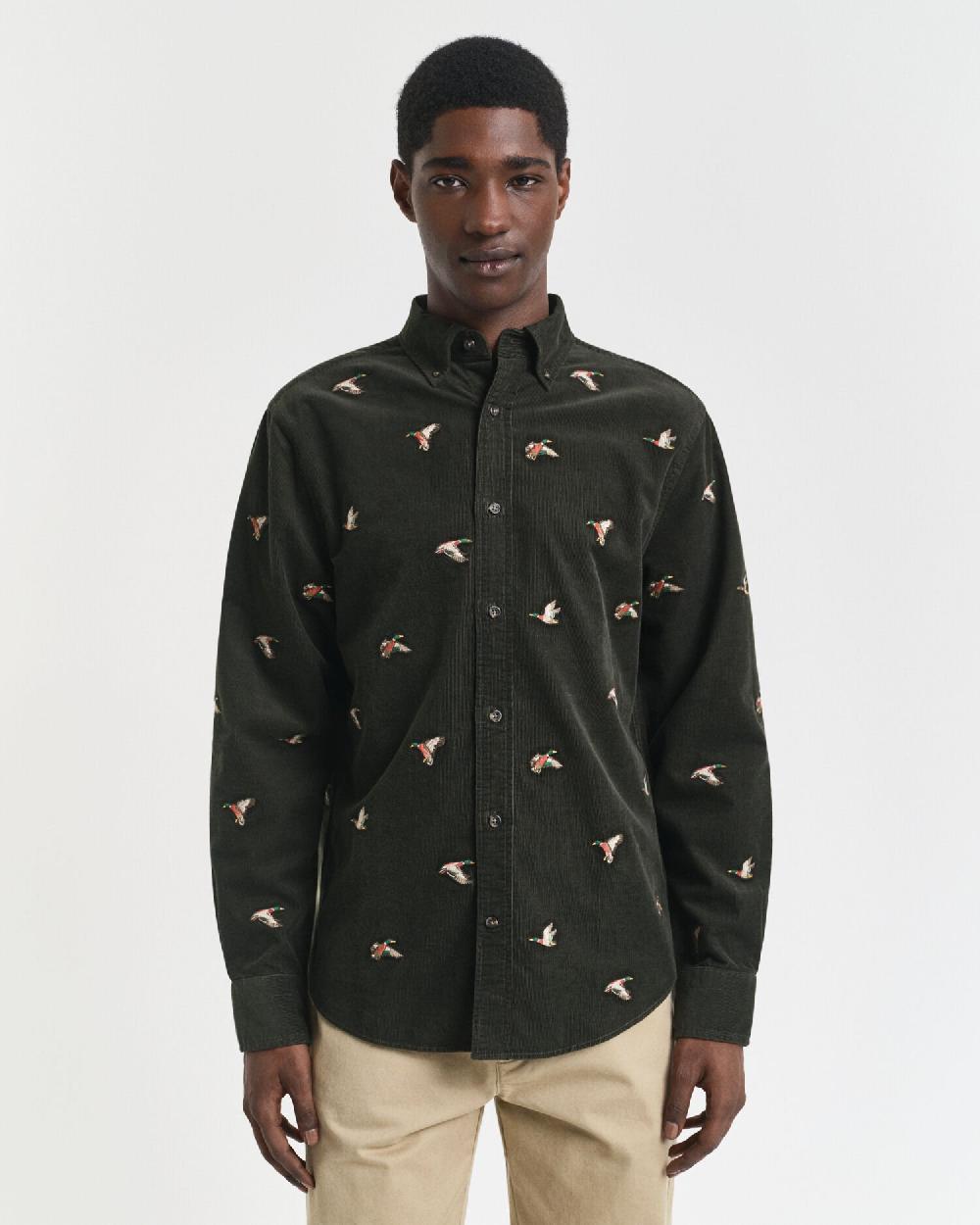 Gant Regular Fit Embroidered Corduroy Shirt Dark Moss Green