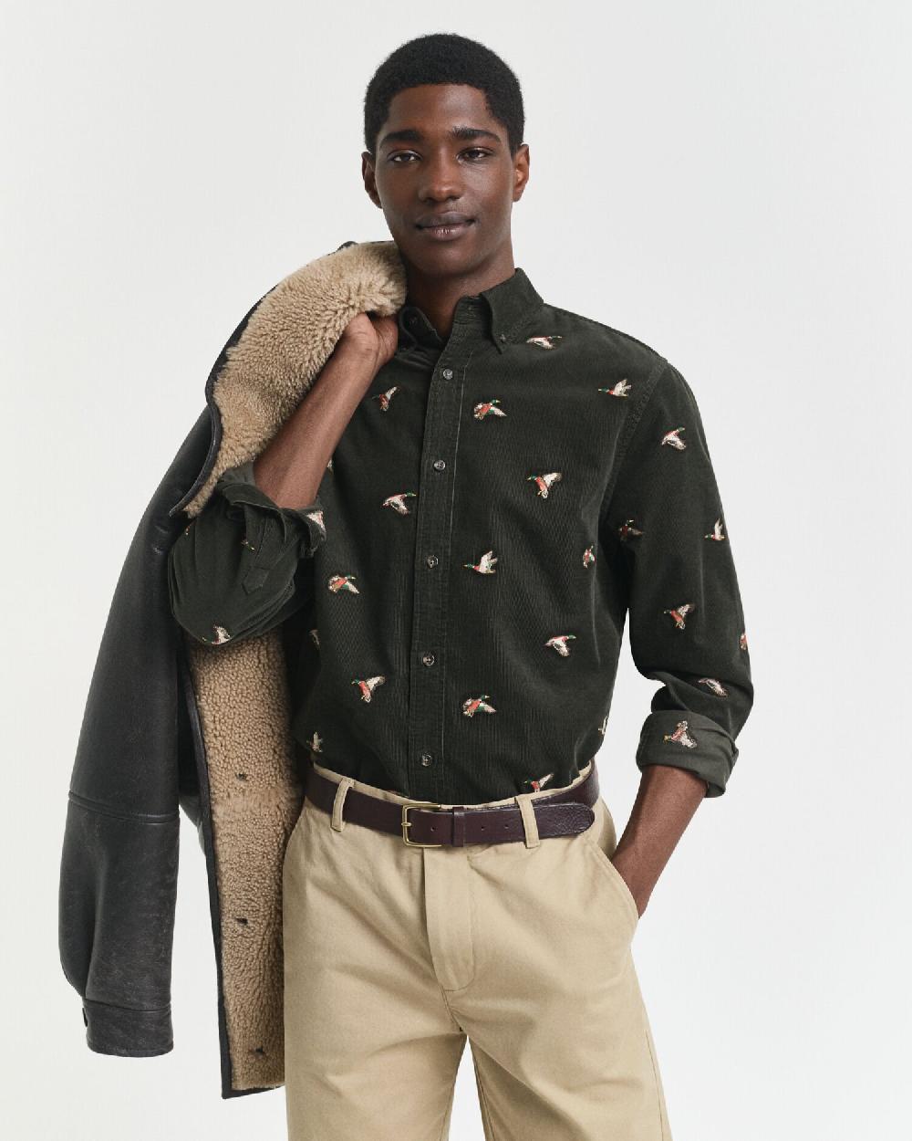 gant Regular Fit Embroidered Corduroy Shirt dark moss green