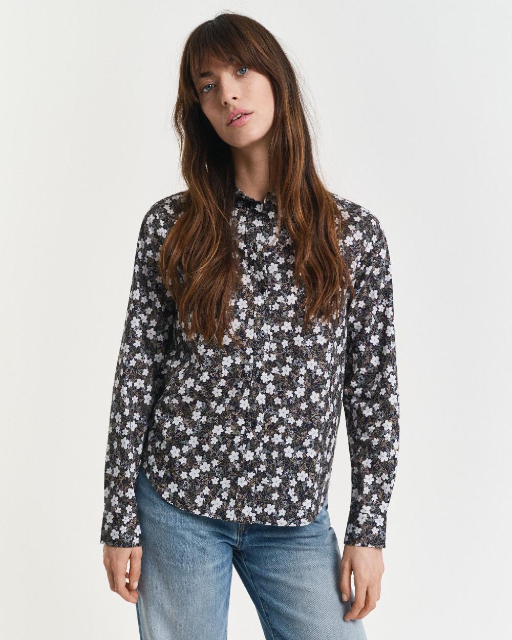 Gant Regular Fit Floral Print Cotton Voile Shirt Classic Blue