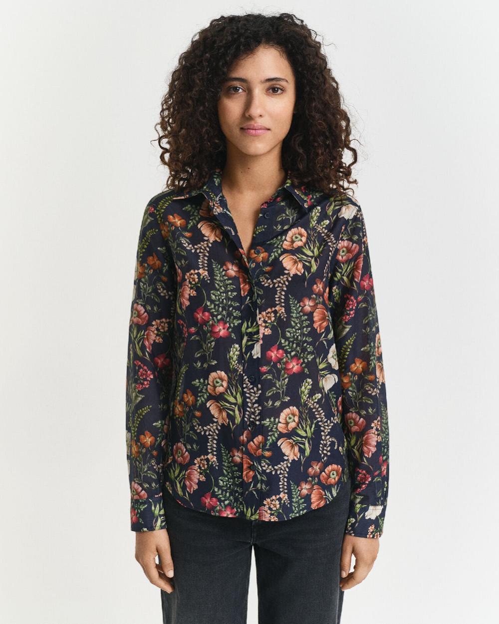 Gant Regular Fit Floral Printed Cotton Silk Shirt Evening Blue