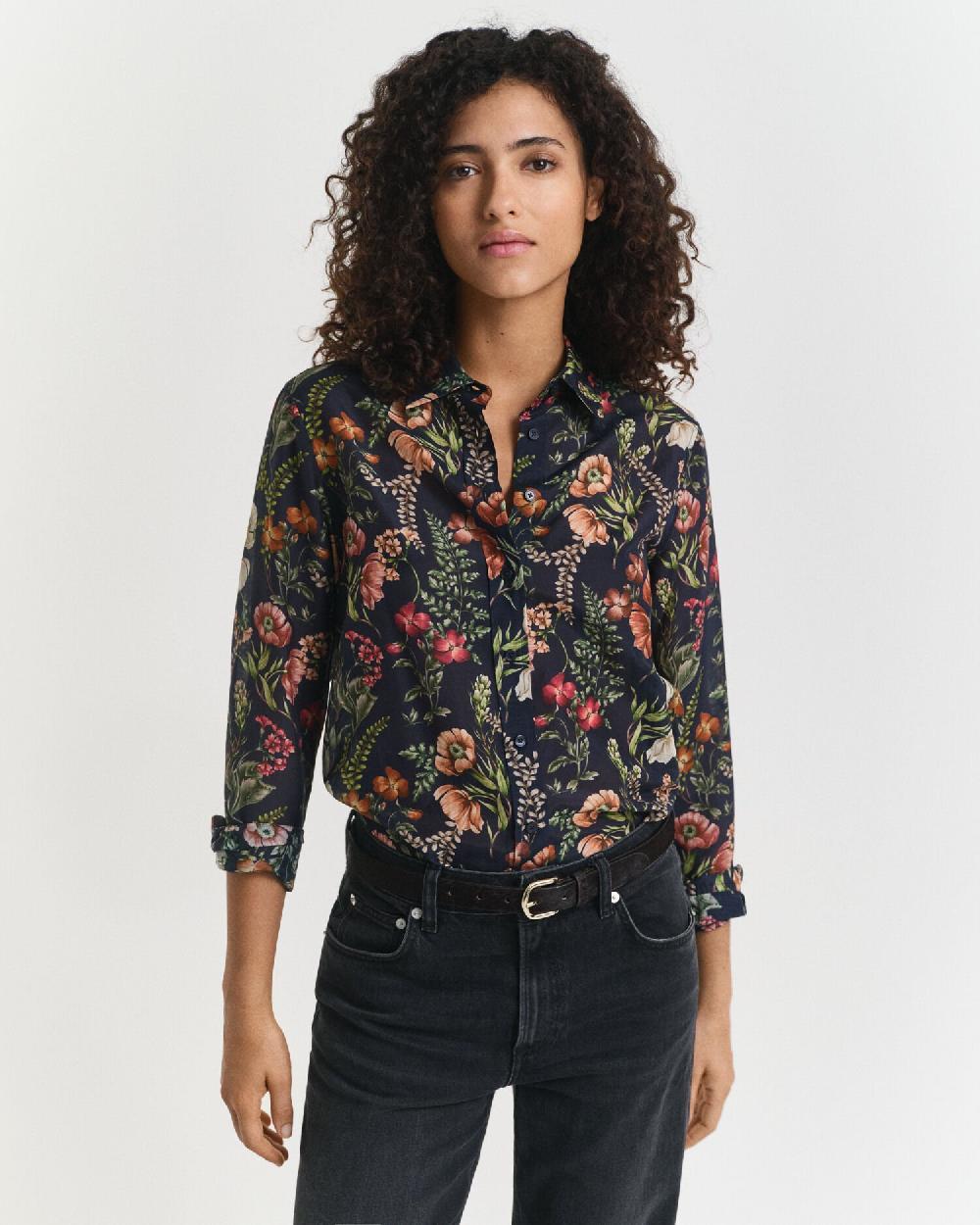gant Regular Fit Floral Printed Cotton Silk Shirt evening blue