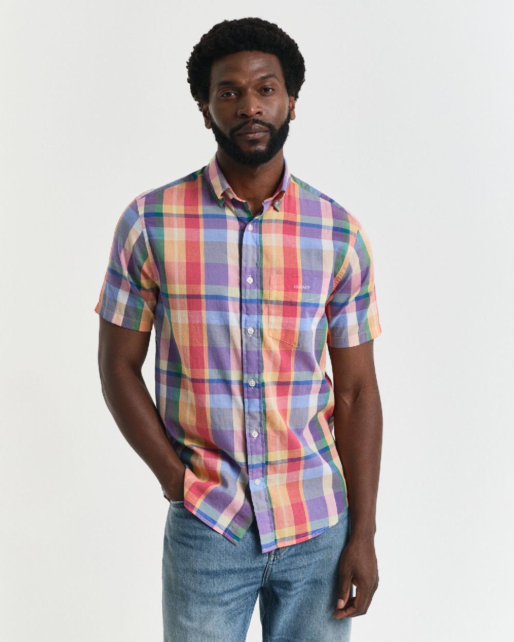 Gant Regular Fit Indian Madras Short Sleeve Shirt Peachy Orange