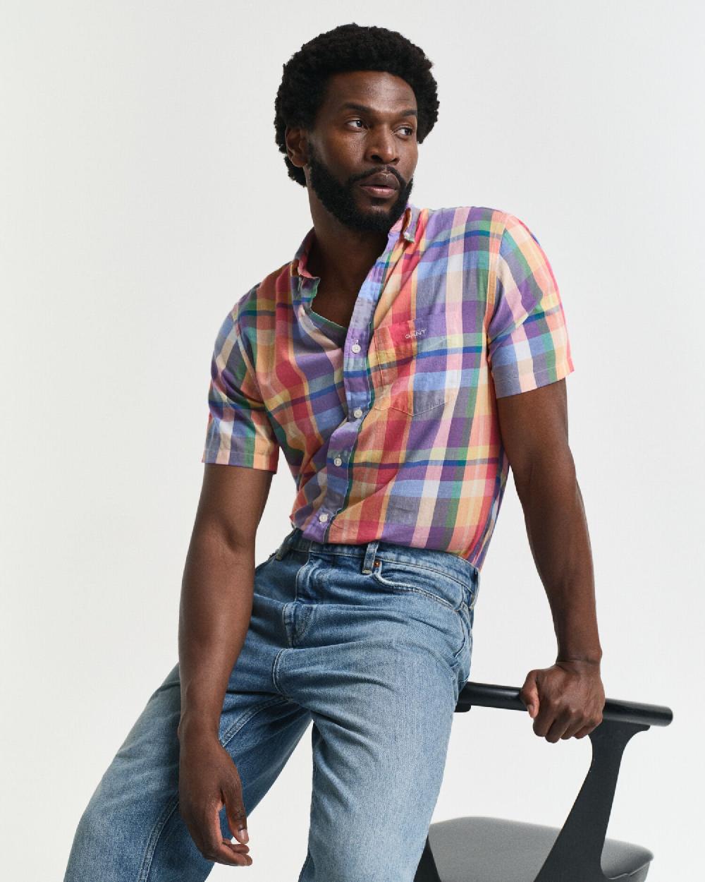 gant Regular Fit Indian Madras Short Sleeve Shirt peachy orange