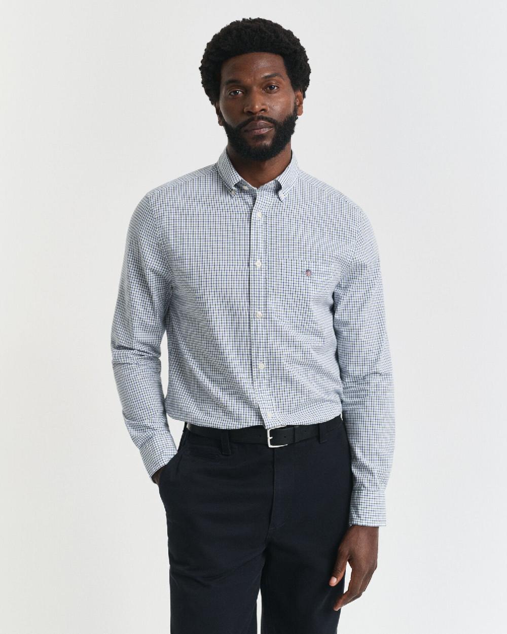 gant Regular Fit Micro Checked Classic Poplin Shirt forest green
