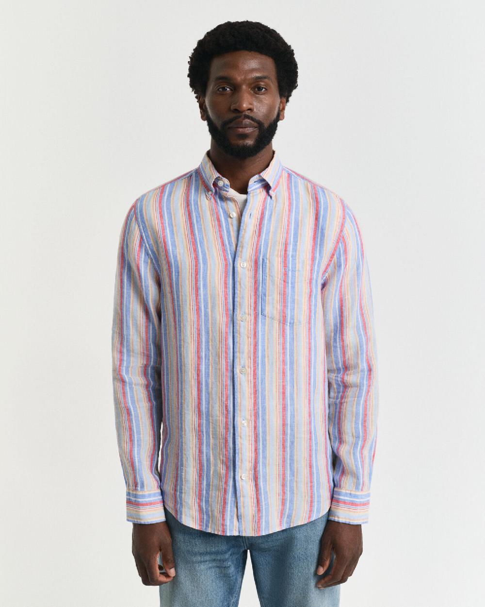 Gant Regular Fit Multi Striped Linen Shirt Perfect Blue