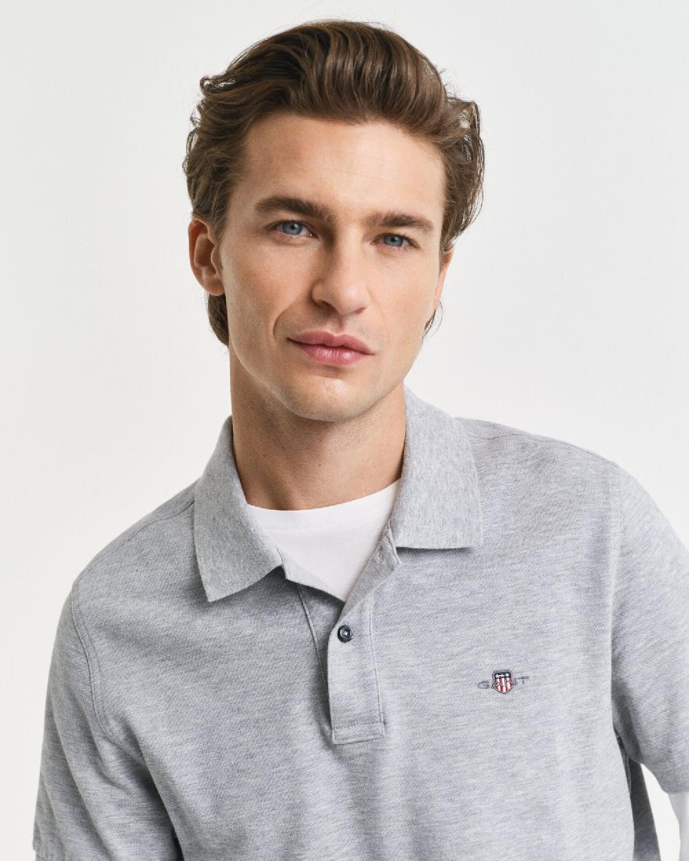 Gant Regular Fit Shield Piqué Polo Shirt Grey Melange