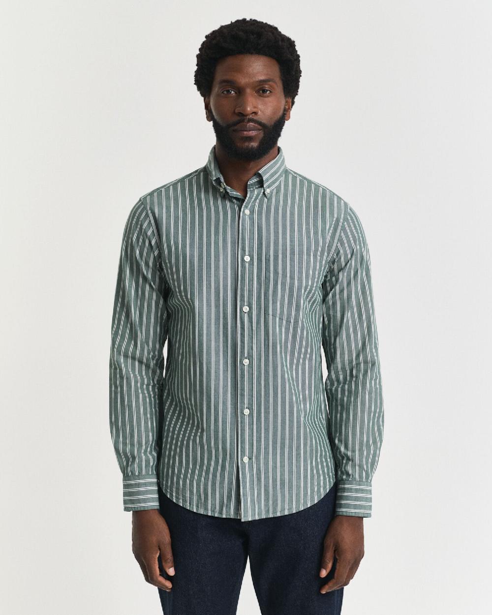 Gant Regular Fit Striped Archive Poplin Shirt Forest Green