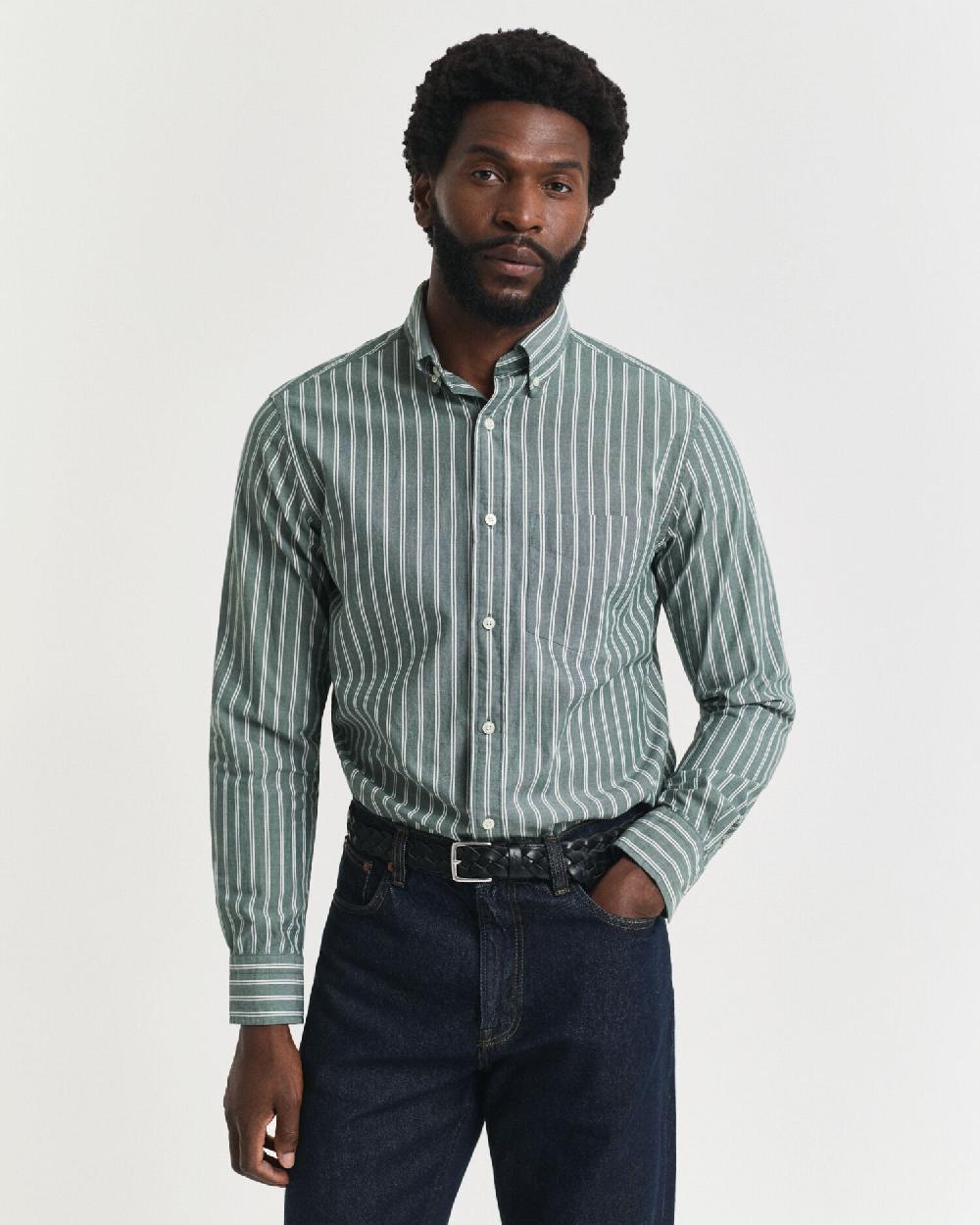 gant Regular Fit Striped Archive Poplin Shirt forest green