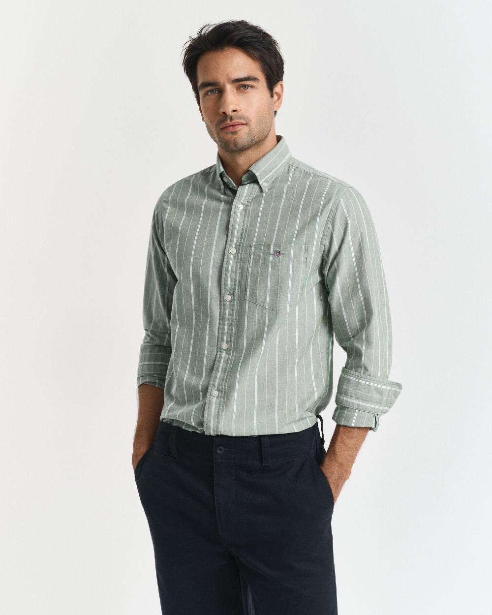 gant Regular Fit Striped Classic Oxford Shirt forest green