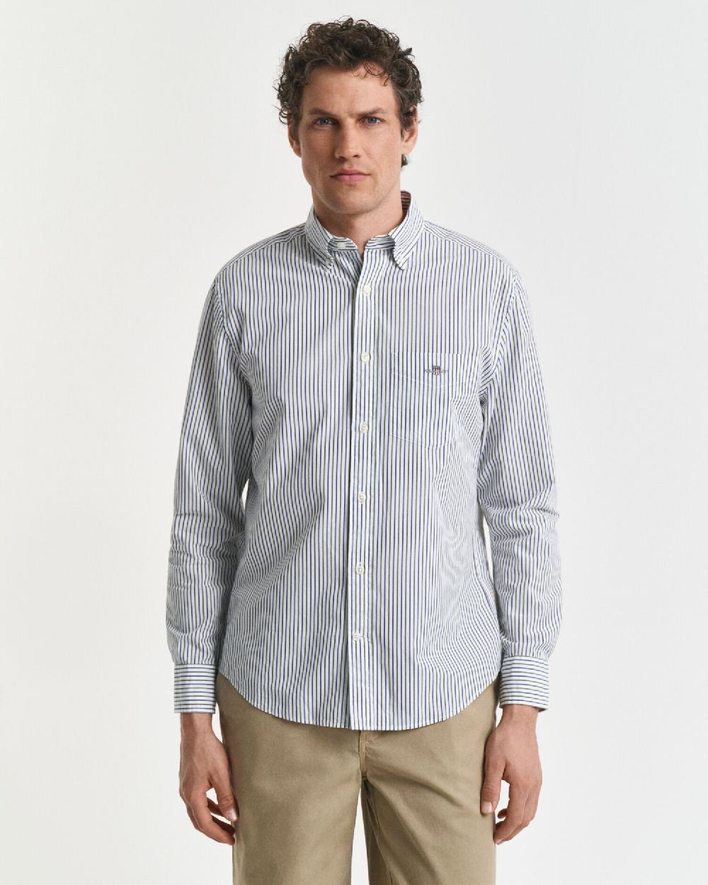 Gant Regular Fit Striped Classic Poplin Shirt Forest Green