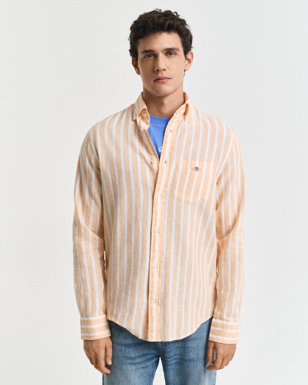 Gant Regular Fit Striped Cotton Linen Shirt Peachy Orange