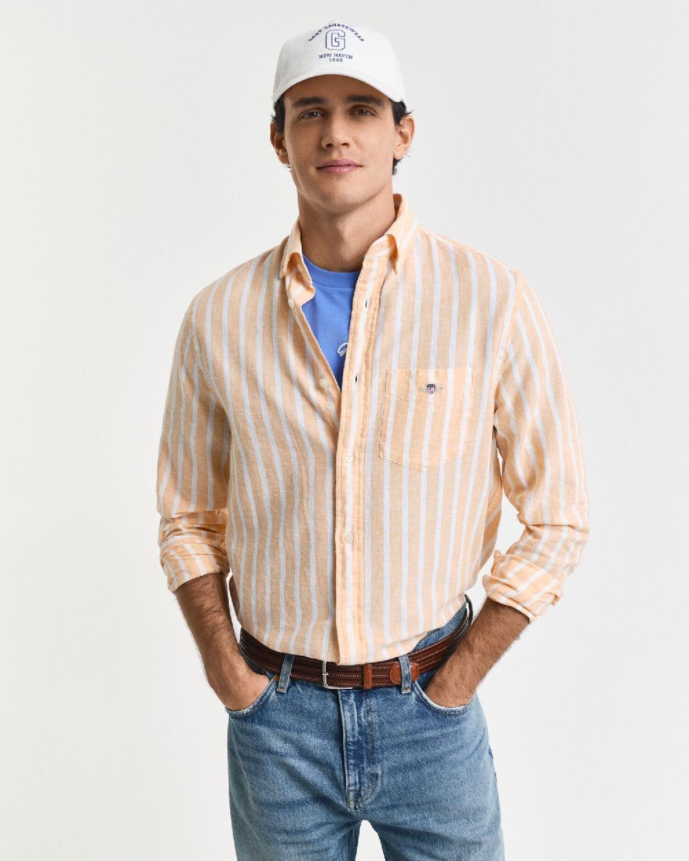 gant Regular Fit Striped Cotton Linen Shirt peachy orange