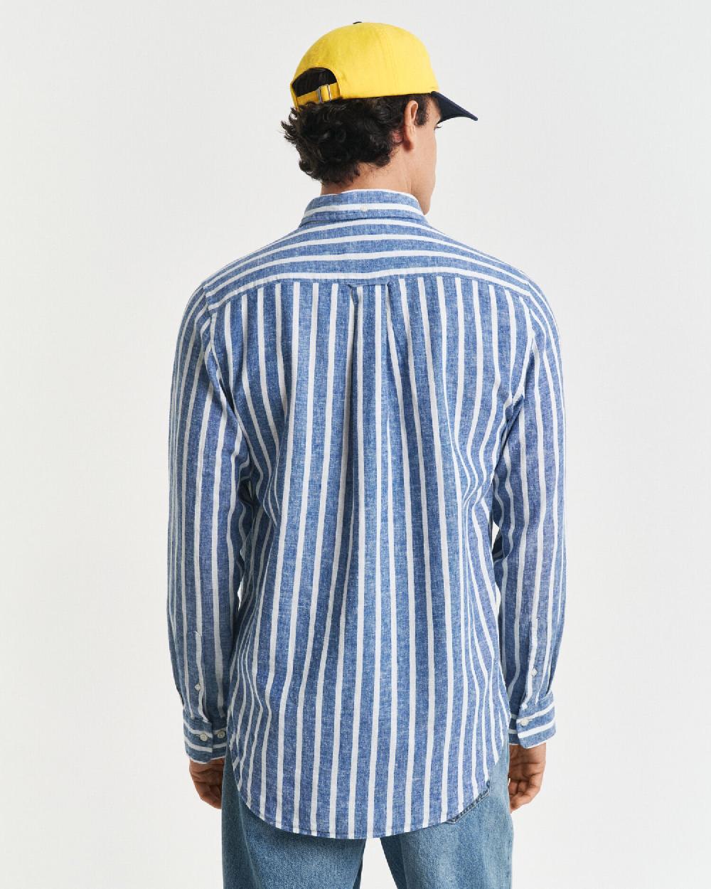 Gant Regular Fit Striped Cotton Linen Shirt Rich Blue