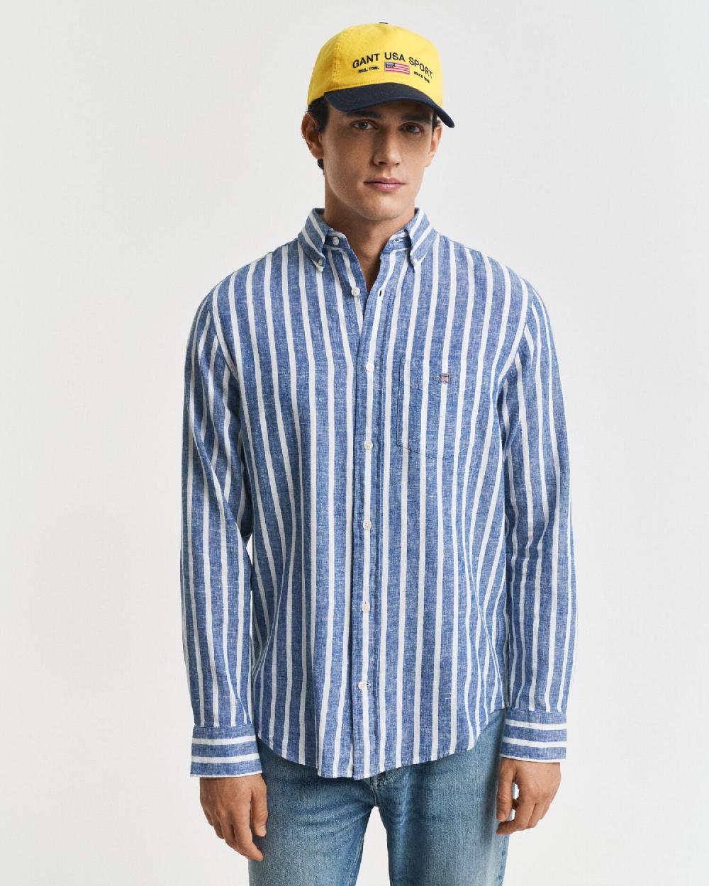 Gant Regular Fit Striped Cotton Linen Shirt Rich Blue