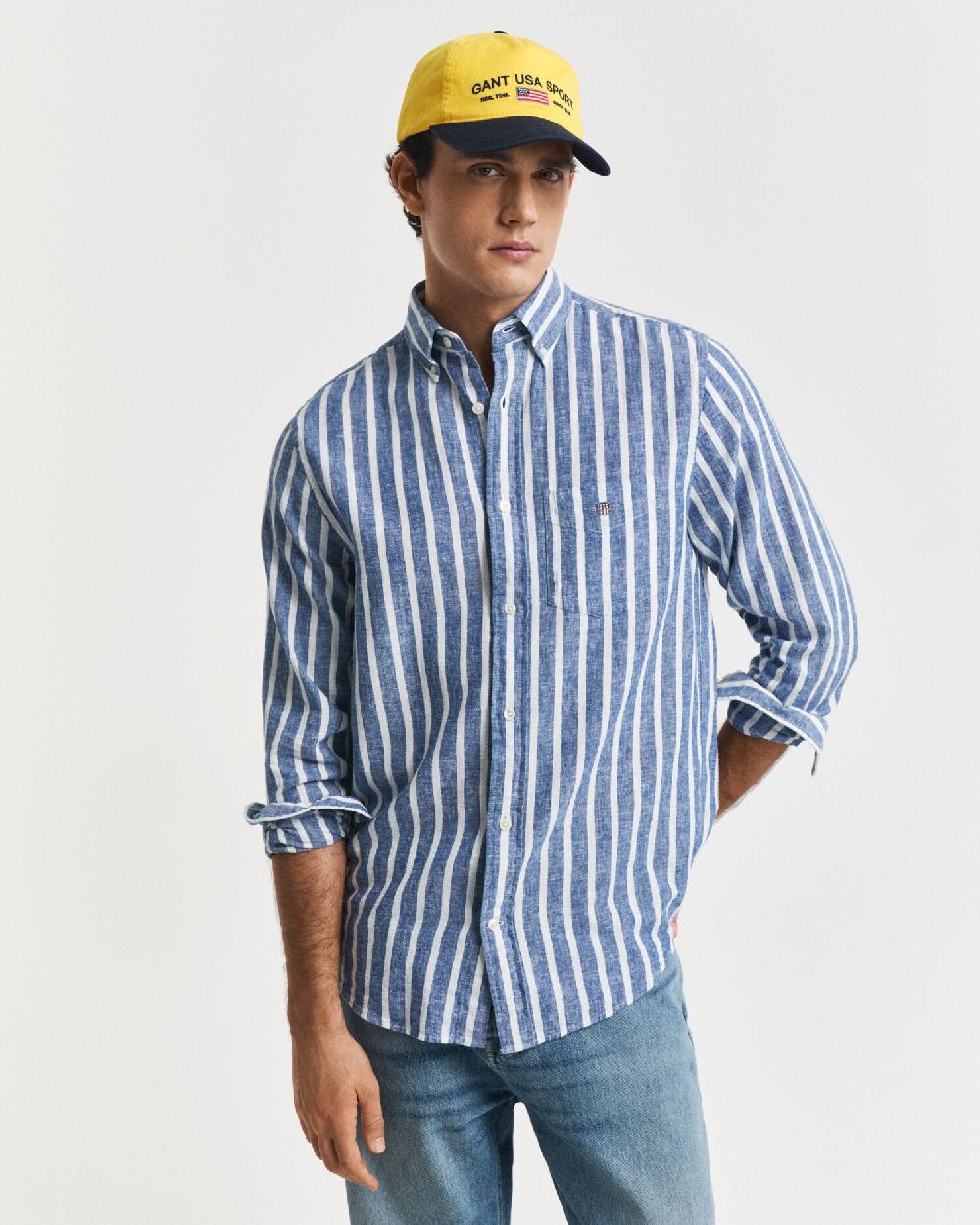 gant Regular Fit Striped Cotton Linen Shirt rich blue