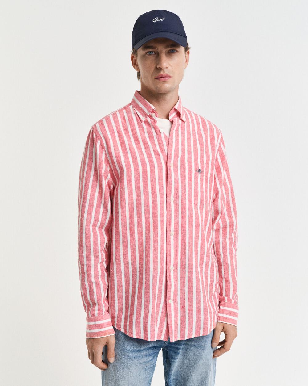 Gant Regular Fit Striped Cotton Linen Shirt Watermelon Red