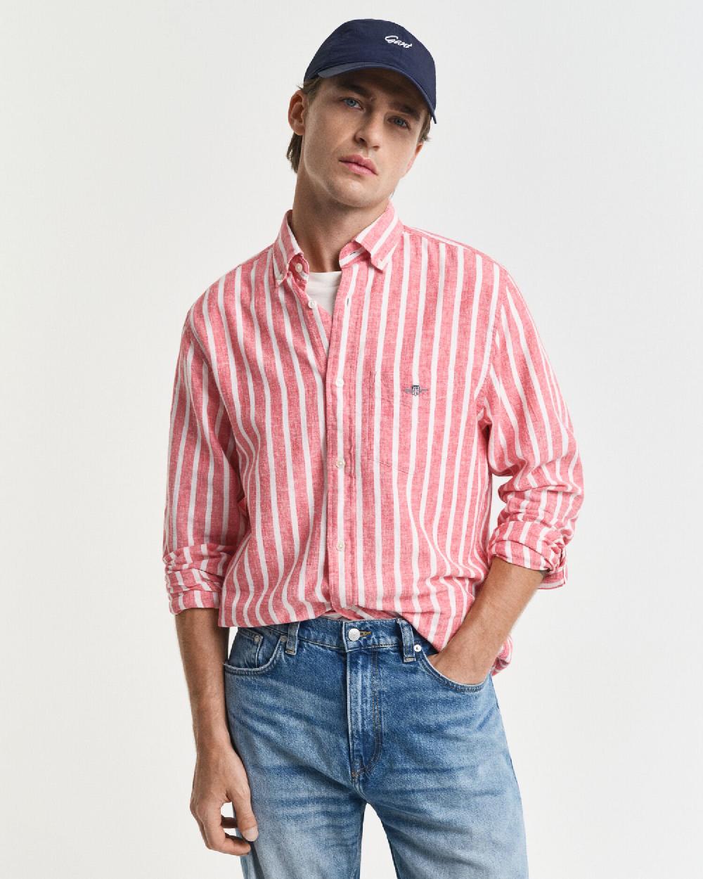 gant Regular Fit Striped Cotton Linen Shirt watermelon red