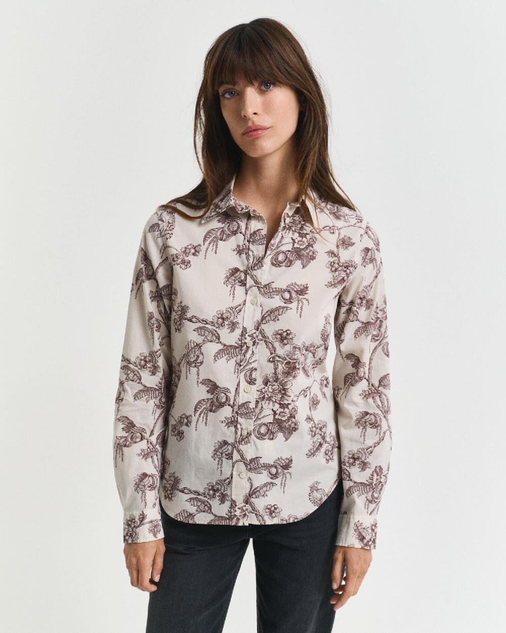 Gant Regular Fit Tree Printed Cotton Voile Shirt Plum Wine