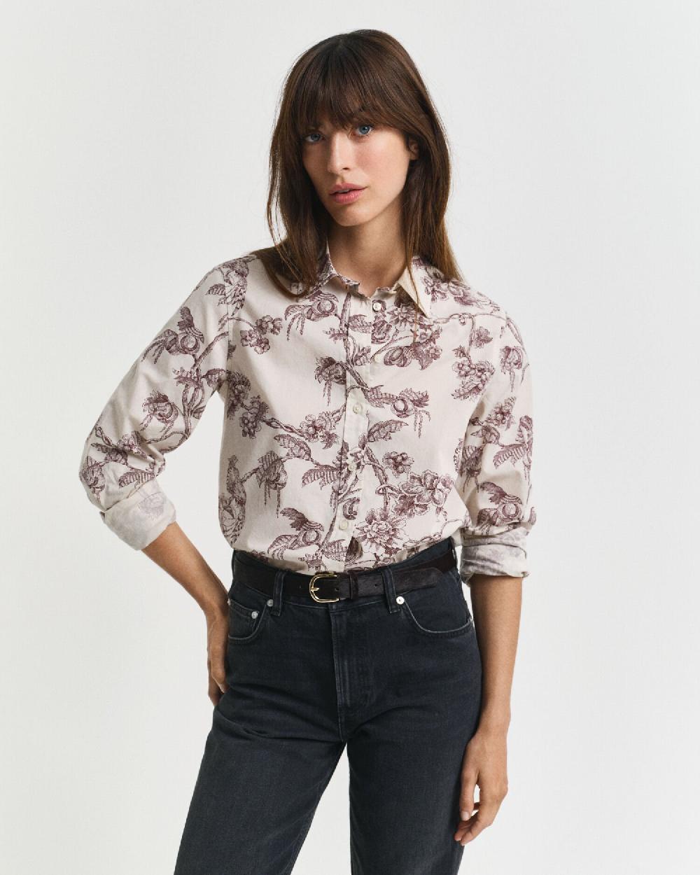gant Regular Fit Tree Printed Cotton Voile Shirt plum wine