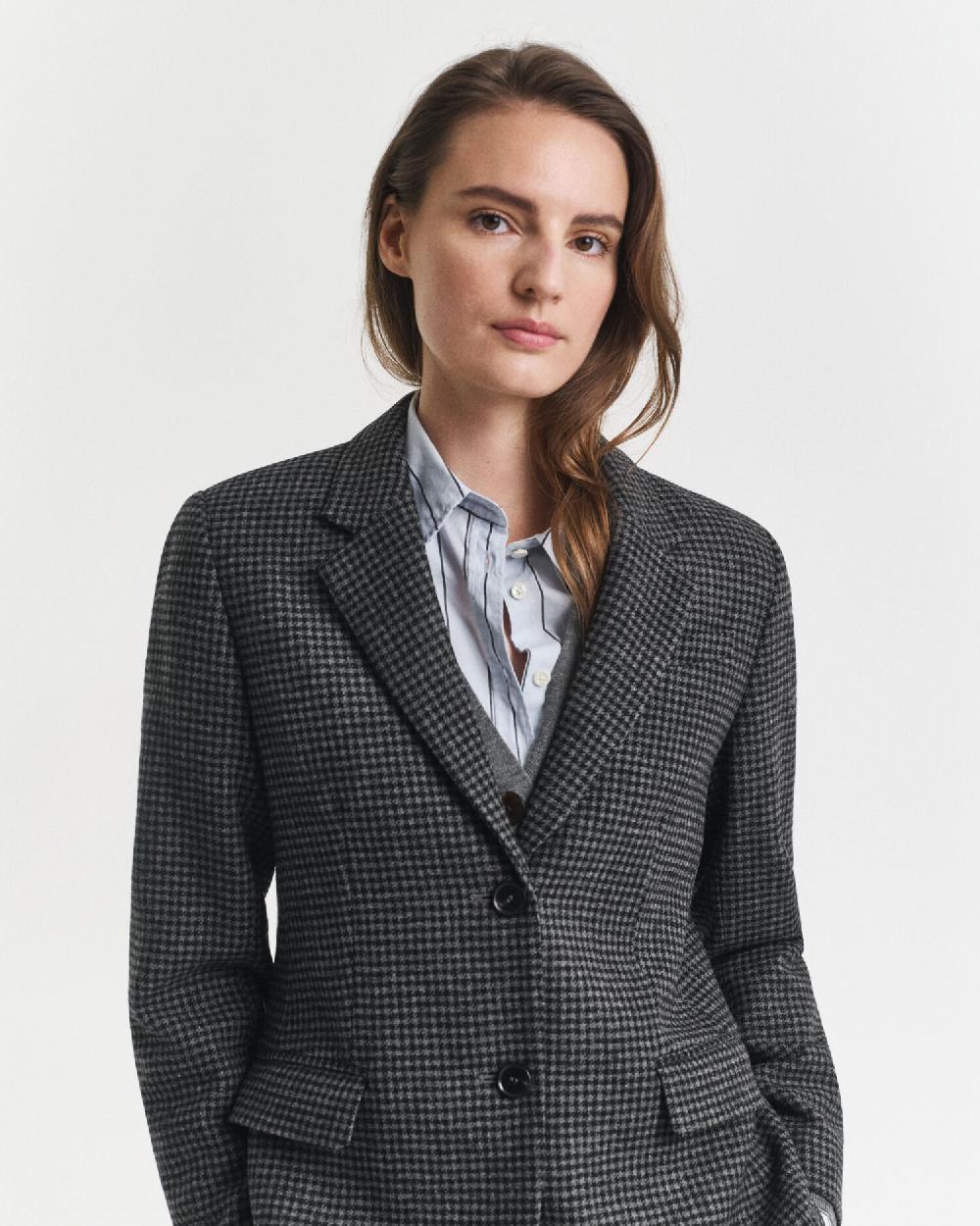 Gant Regular Fit Wool Houndstooth Blazer Charcoal Melange