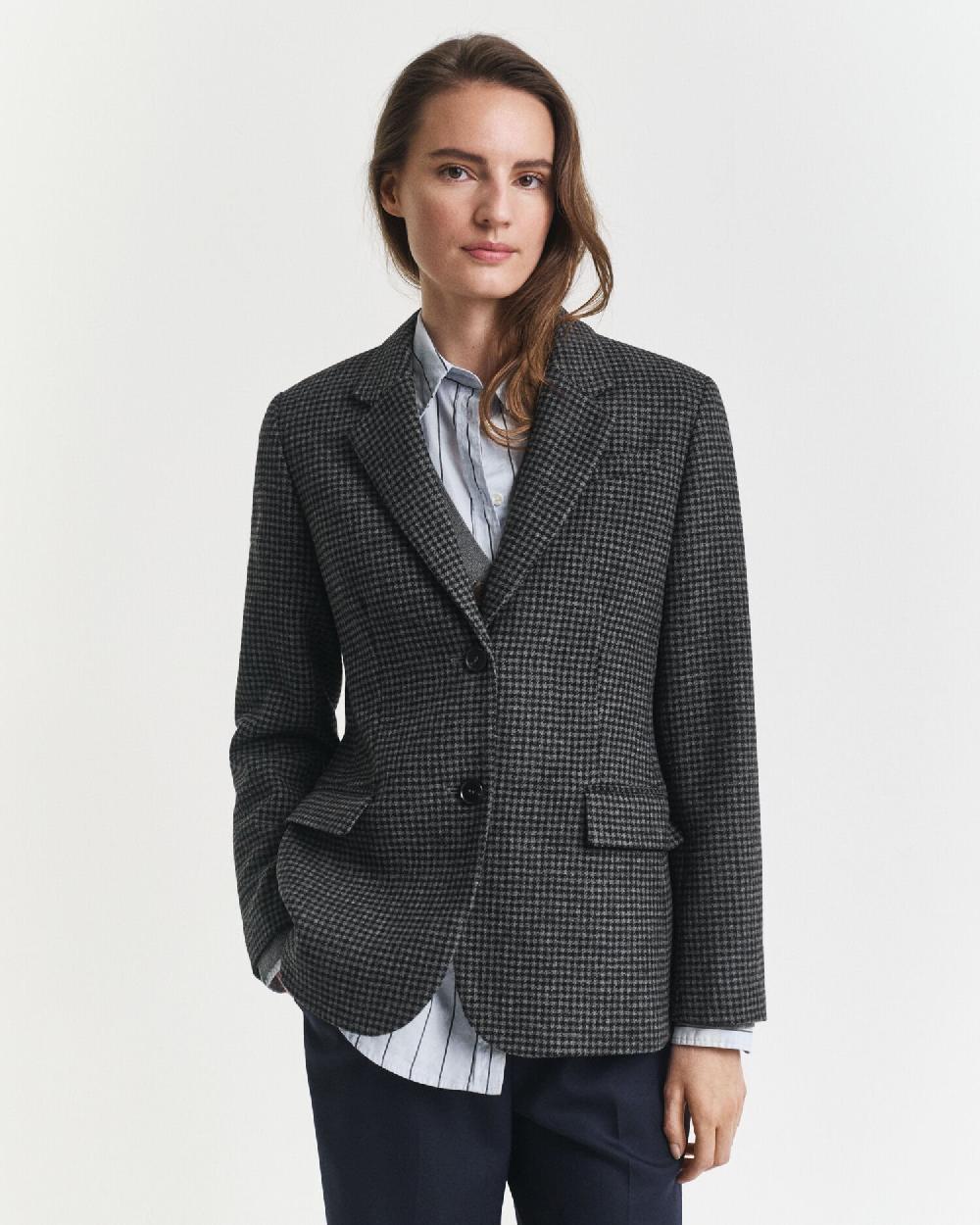 Gant Regular Fit Wool Houndstooth Blazer Charcoal Melange