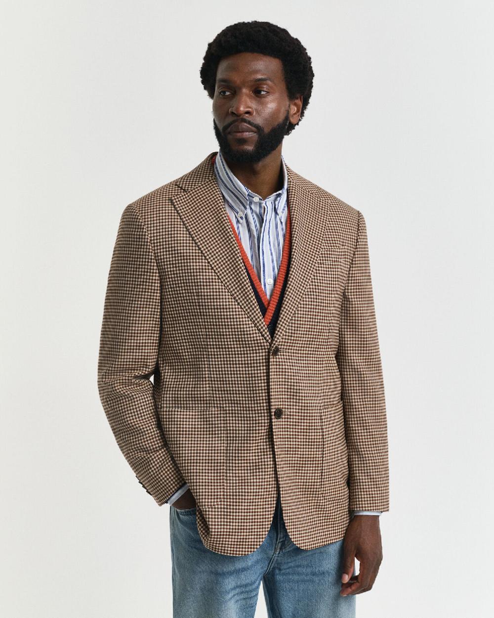 Gant Relaxed Fit Gingham Checked Blazer Chocolate Brown