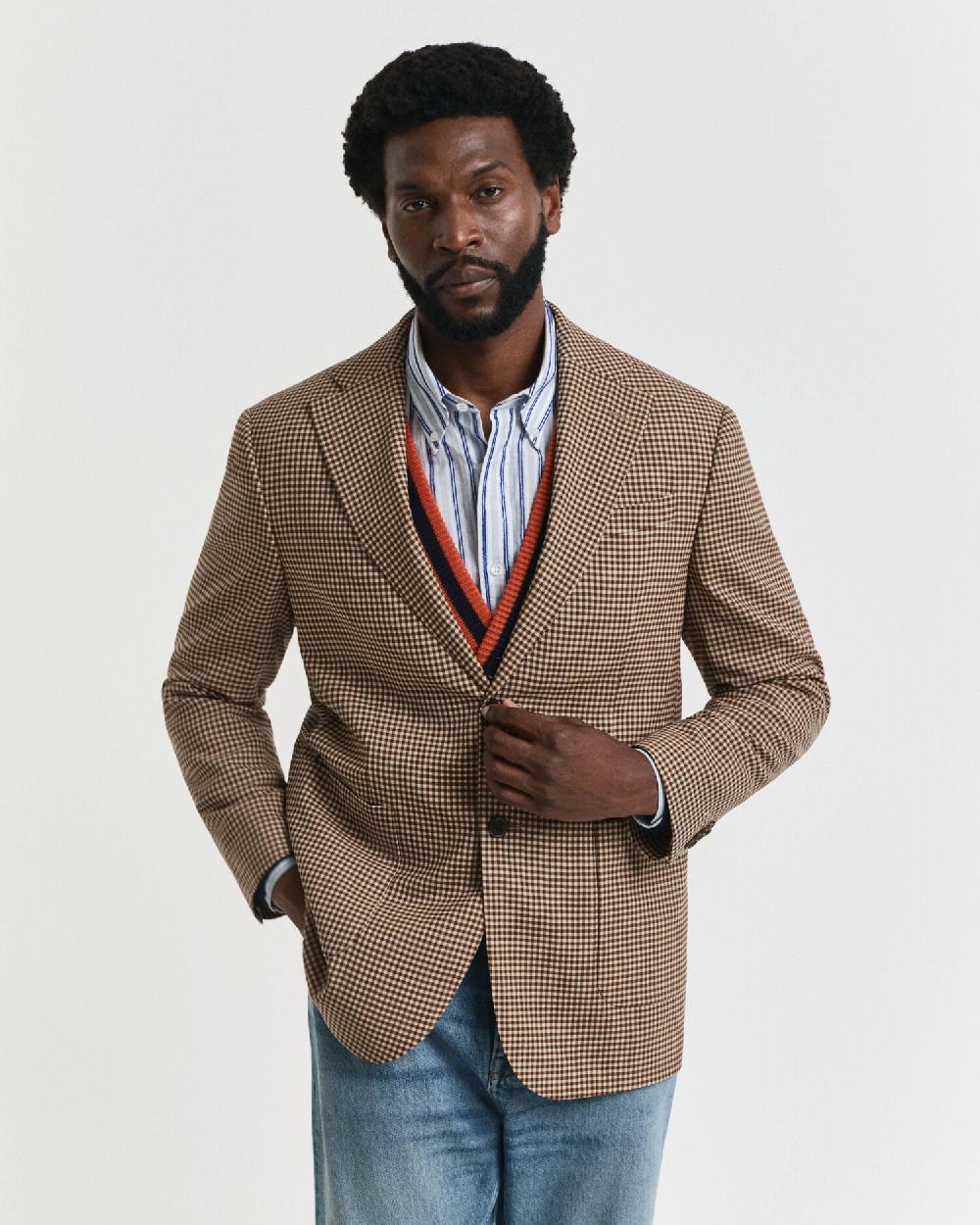 gant Relaxed Fit Gingham Checked Blazer chocolate brown