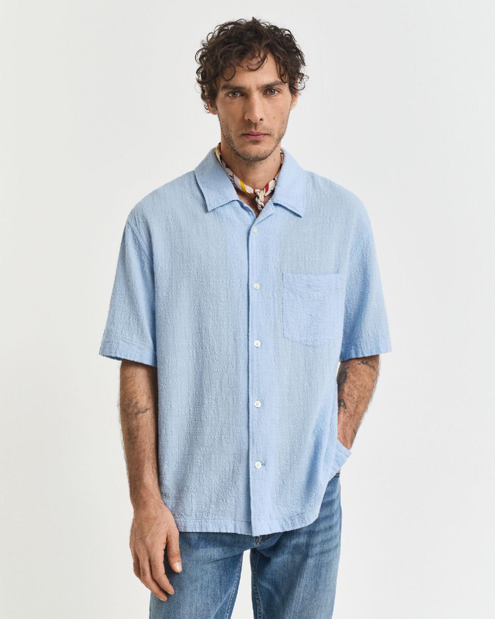 Gant Relaxed Fit Textured Short Sleeve Shirt Capri Blue