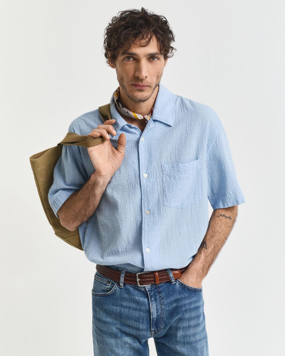 gant Relaxed Fit Textured Short Sleeve Shirt capri blue
