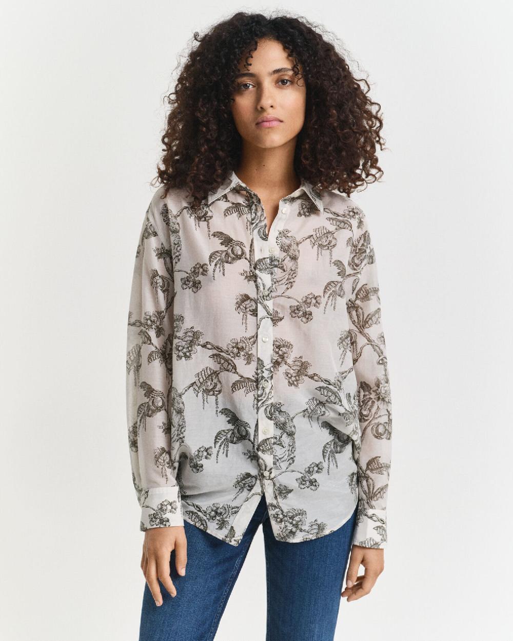 Gant Relaxed Fit Tree Printed Cotton Silk Shirt Dark Moss Green