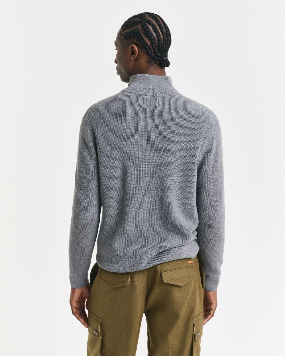 Gant Ribbed Cotton Merino Wool Half-Zip Sweater Dark Grey Melange
