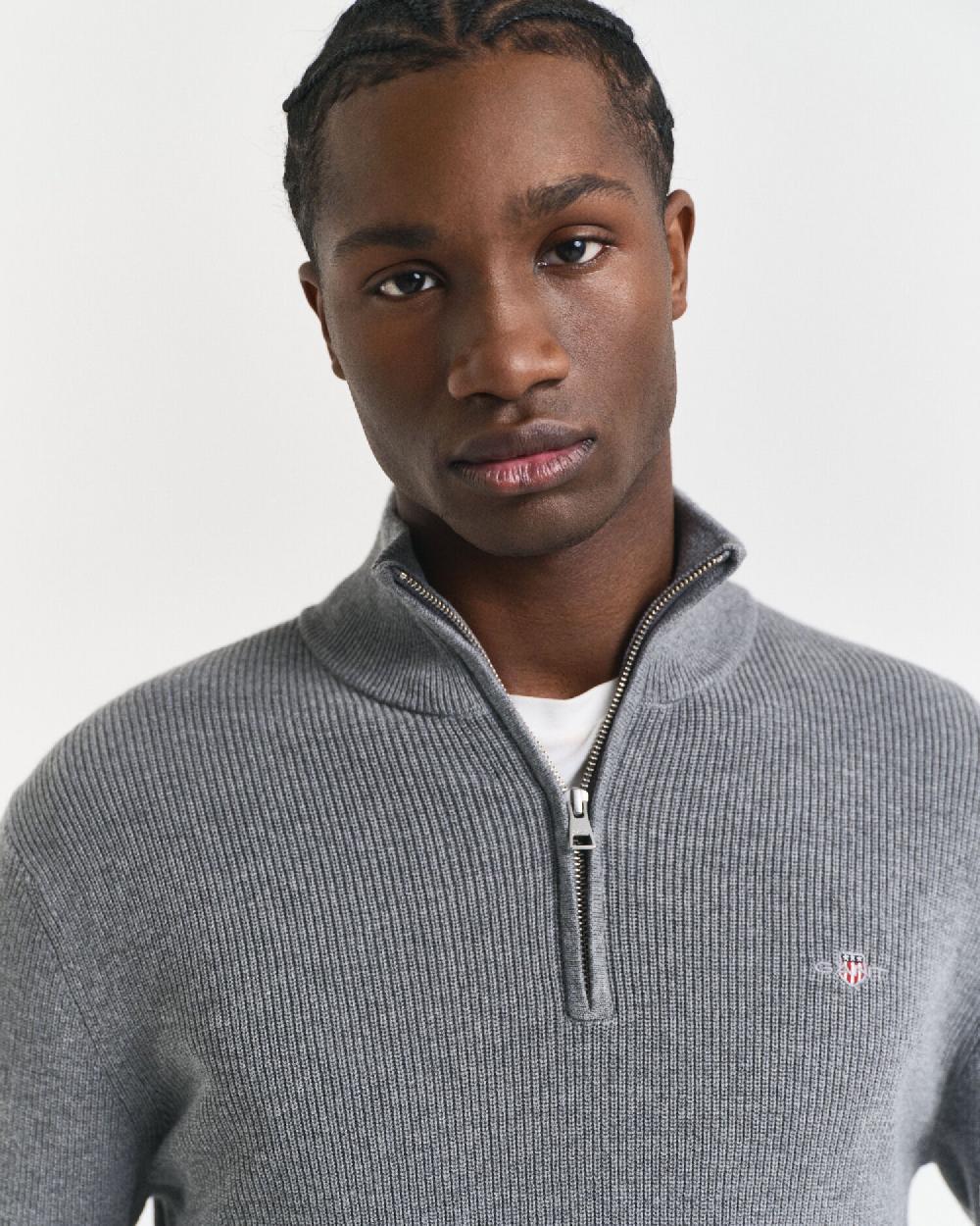 Gant Ribbed Cotton Merino Wool Half-Zip Sweater Dark Grey Melange