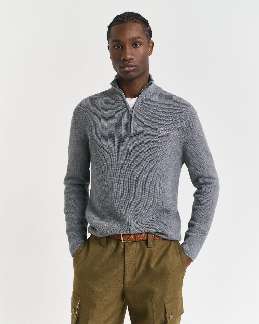 gant Ribbed Cotton Merino Wool Half-Zip Sweater dark grey melange