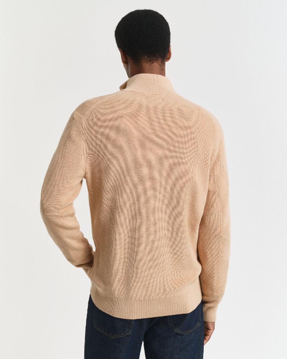 Gant Ribbed Cotton Merino Wool Half-Zip Sweater Khaki Melange