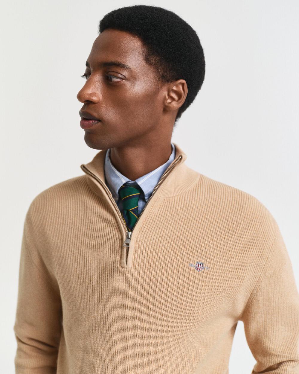 Gant Ribbed Cotton Merino Wool Half-Zip Sweater Khaki Melange