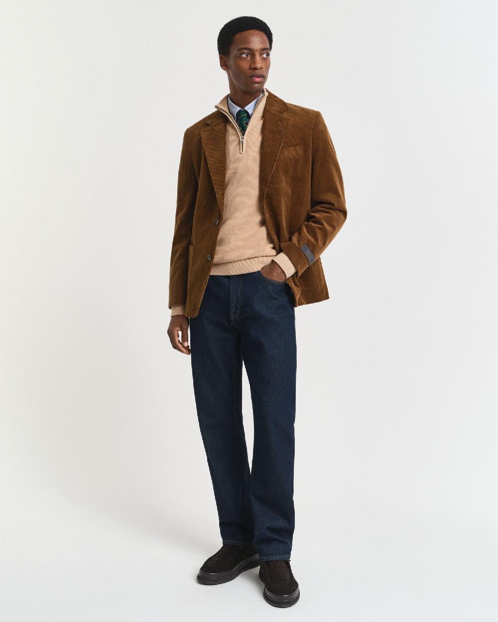 Gant Ribbed Cotton Merino Wool Half-Zip Sweater Khaki Melange
