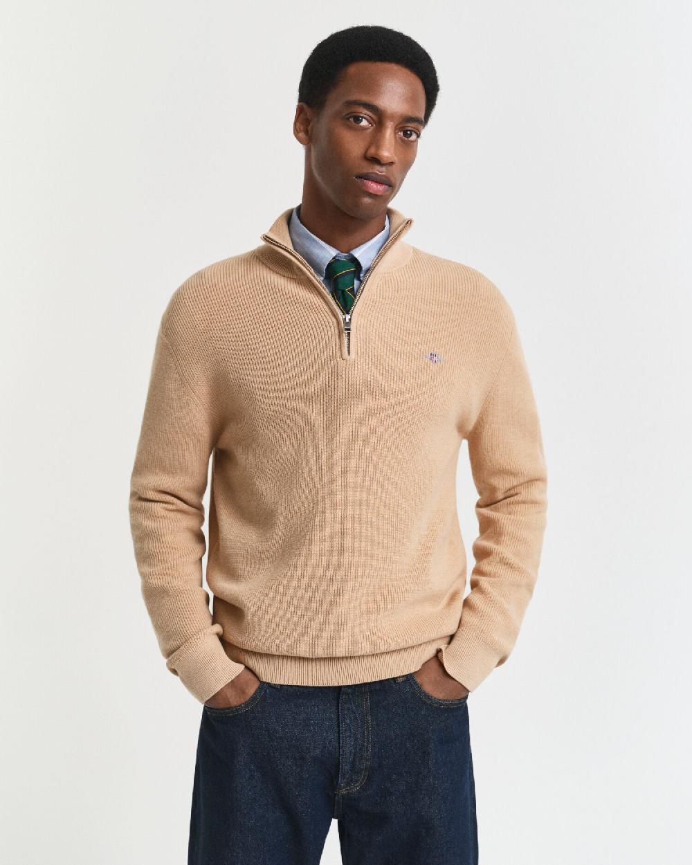 gant Ribbed Cotton Merino Wool Half-Zip Sweater khaki melange