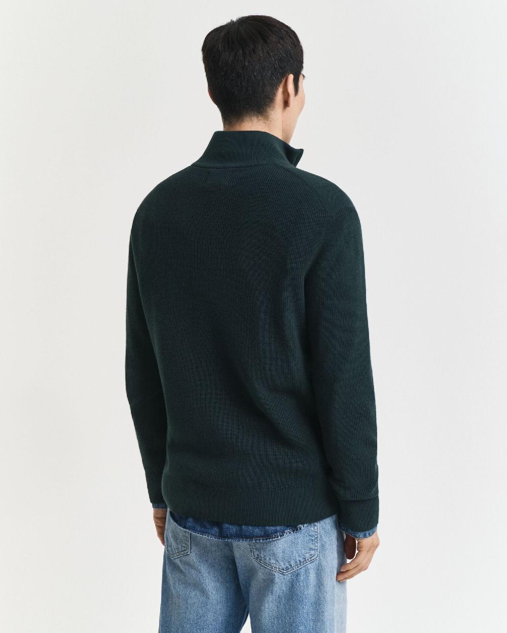 Gant Ribbed Cotton Merino Wool Half-Zip Sweater Tartan Green