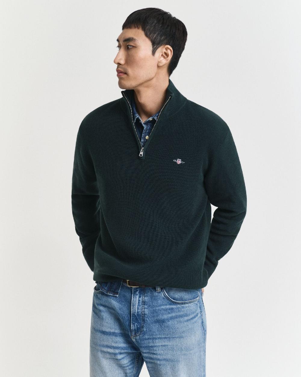 gant Ribbed Cotton Merino Wool Half-Zip Sweater tartan green