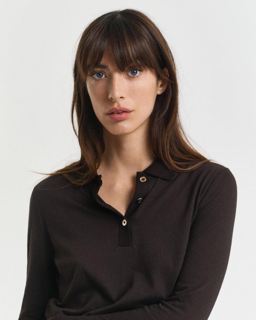 Gant Seamless Buttoned Long Sleeve Polo Shirt Deep Brown