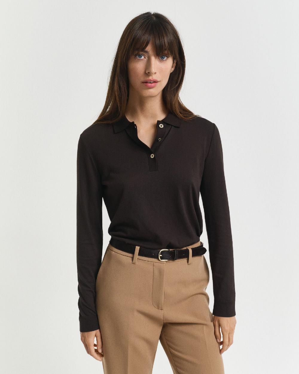 gant Seamless Buttoned Long Sleeve Polo Shirt deep brown