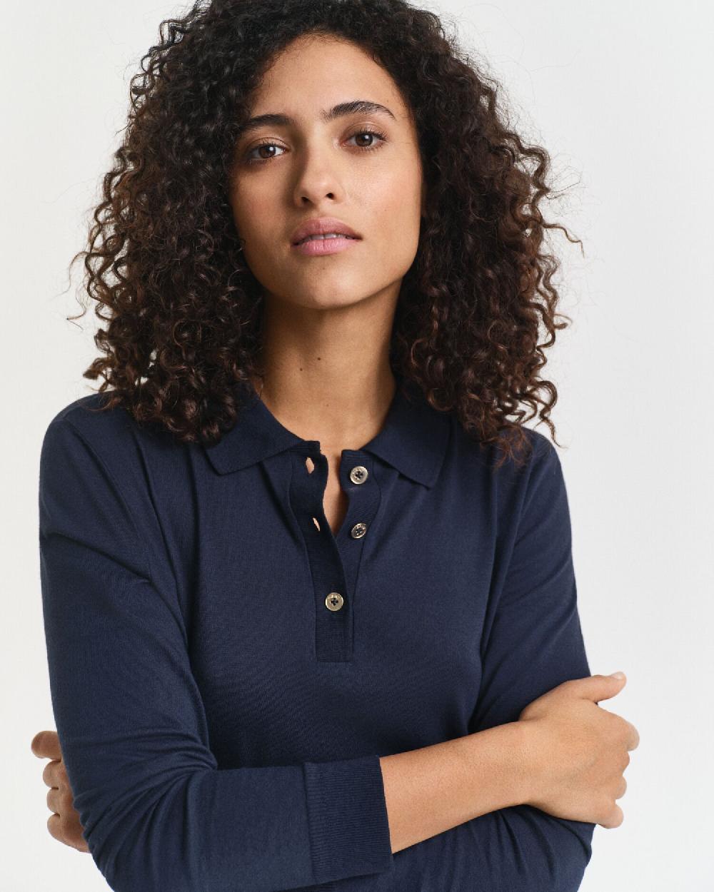 Gant Seamless Buttoned Long Sleeve Polo Shirt Evening Blue