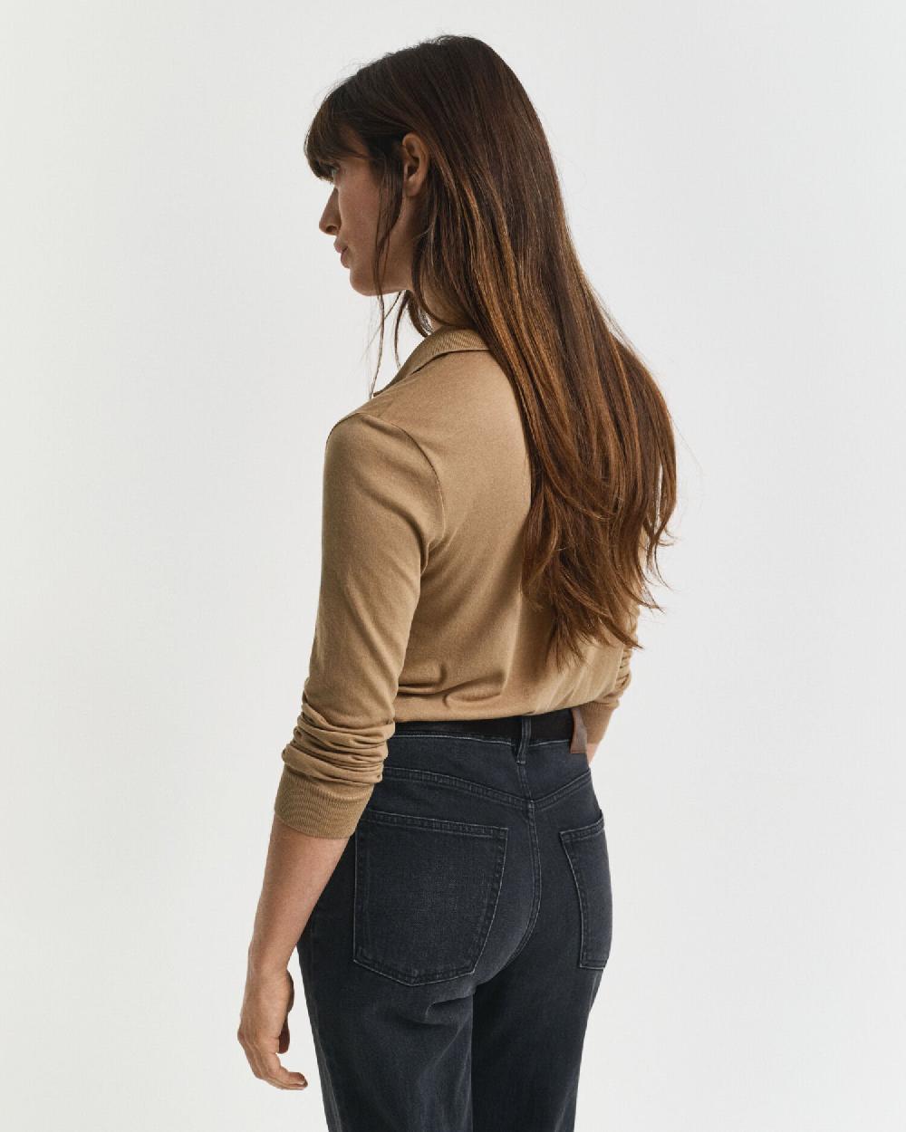 Gant Seamless Buttoned Long Sleeve Polo Shirt Warm Khaki
