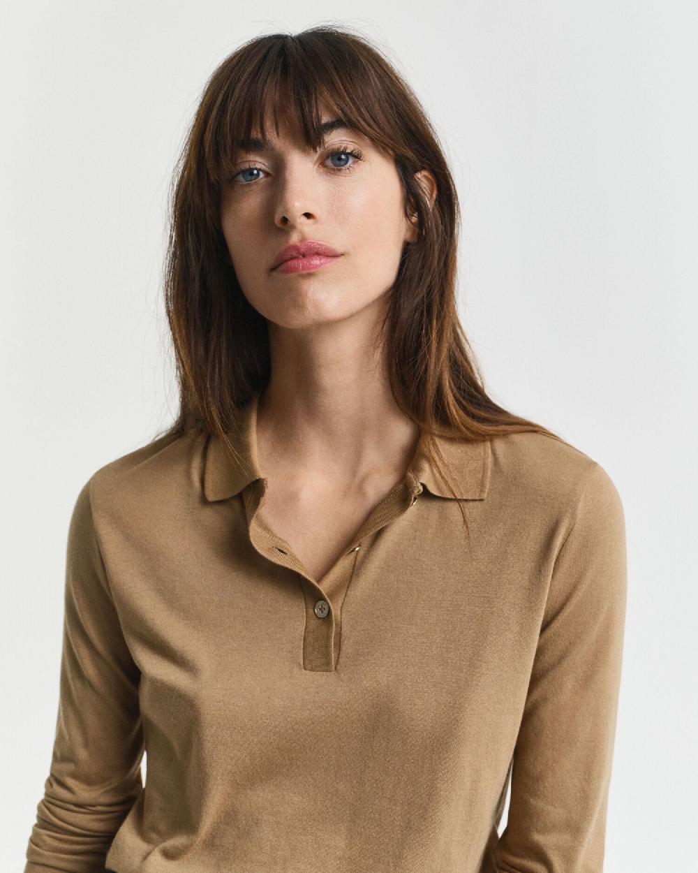 Gant Seamless Buttoned Long Sleeve Polo Shirt Warm Khaki