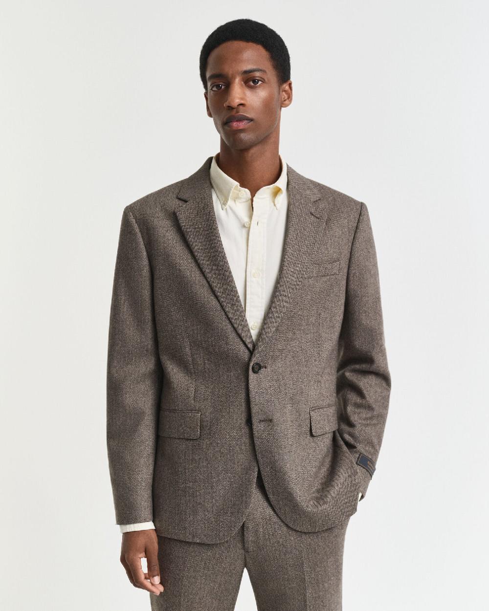 Gant Slim Fit Flannel Herringbone Suit Jacket Deep Brown