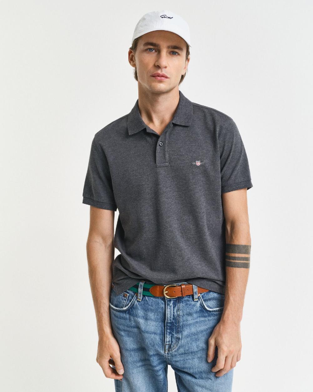 gant Slim Fit Shield Piqué Polo Shirt antracit melange