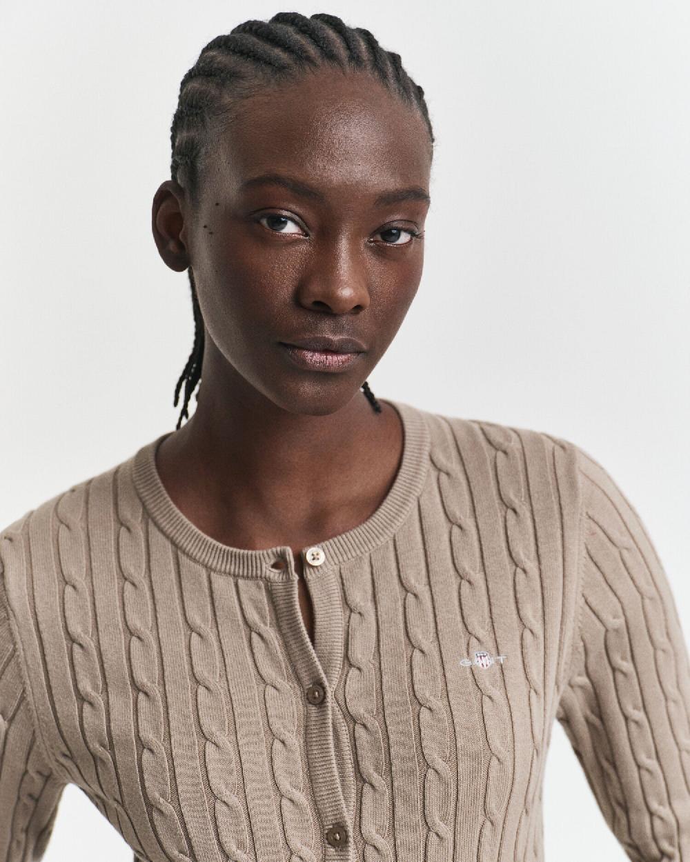 Gant Stretch Cotton Cable Knit Cardigan Taupe Beige