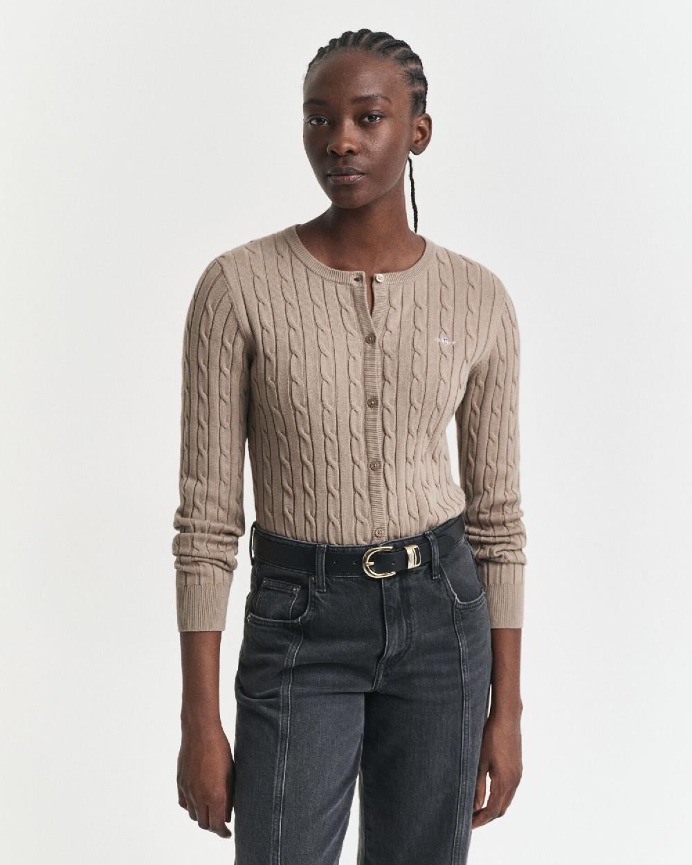 gant Stretch Cotton Cable Knit Cardigan taupe beige