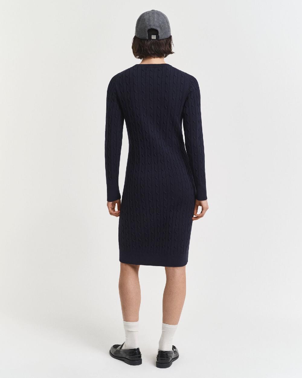 Gant Stretch Cotton Cable Knit Crew Neck Dress Evening Blue