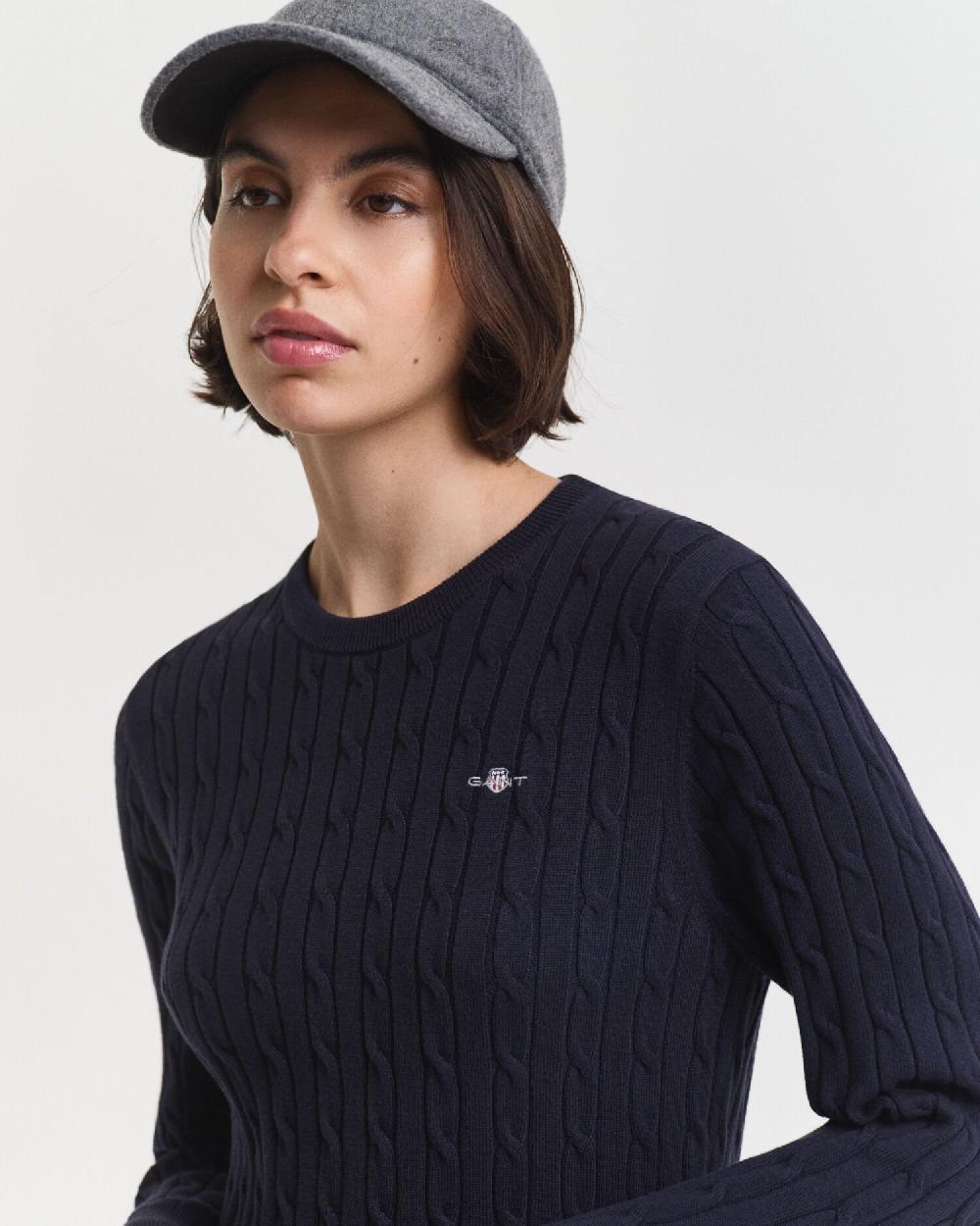 Gant Stretch Cotton Cable Knit Crew Neck Dress Evening Blue